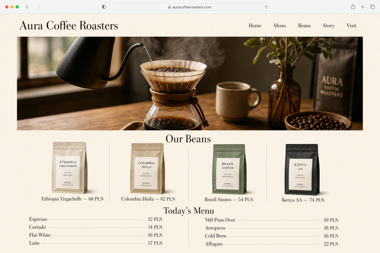 Aura Coffee Roasters desktop view